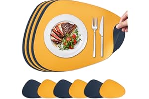 NOSTHEART Faux Leather Placemats and Coasters Set of 6, Dual-Sided Round Place Mats for Kitchen Dining Patio Table, Washable Oval Modern Table Mates, Non-Slip Heat Resistant Coffee Mates, Yellow Blue Placemats