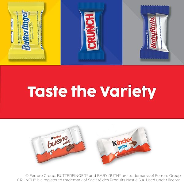 BUTTERFINGER, CRUNCH, BABY RUTH, 100 GRAND, KINDER BUENO, KINDER CHOCOLATE, MINIS FUN SIZE CANDY BARS, 90 COUNT, 25.9 OZ