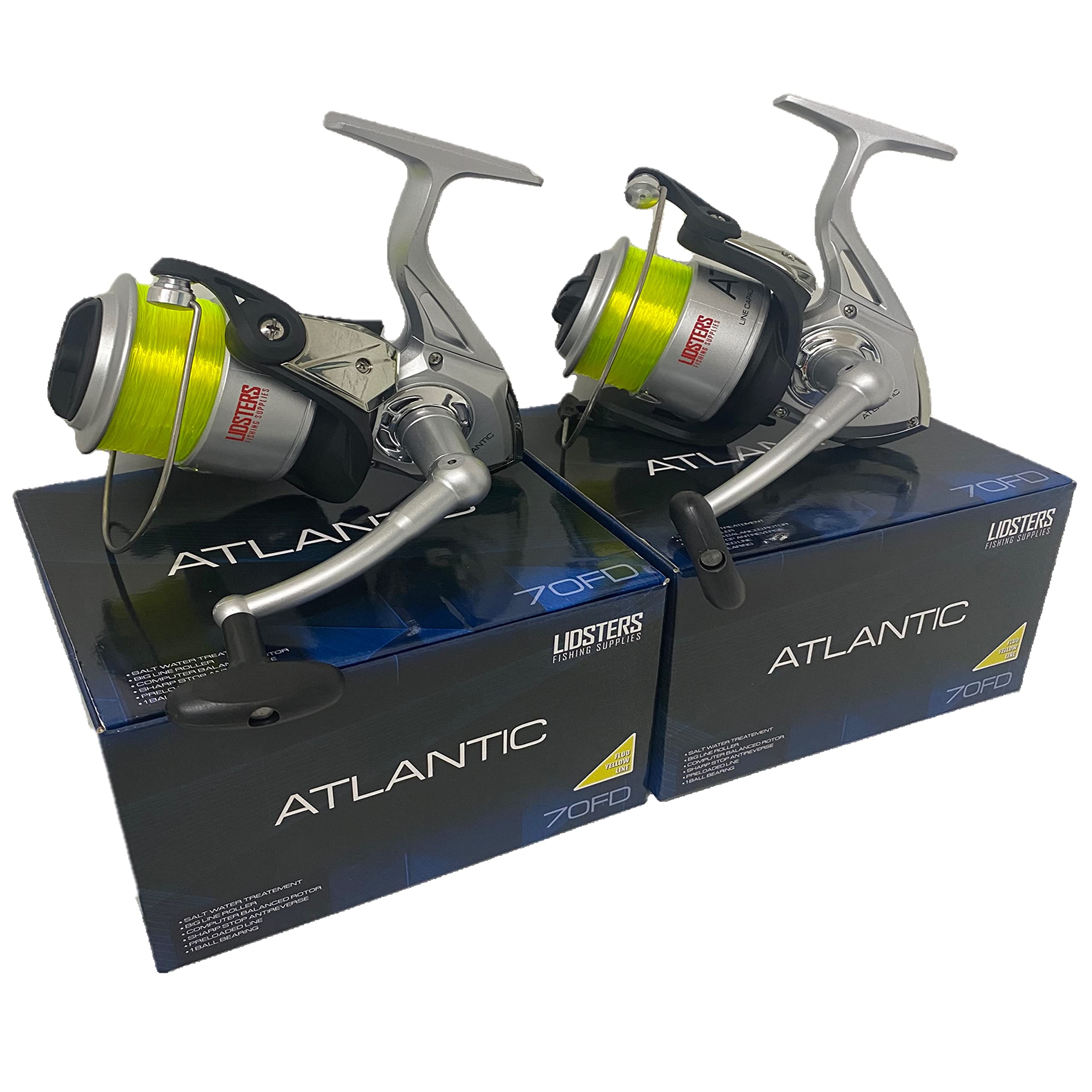 2 NEW LARGE ATLANTIC 7000 FD SEA FISHING LIDSTERS BEACH PIER REEL AND YELLOW LINE 70
