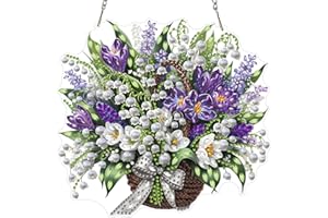 MXJSUA Basket Spring Flowers Diamond Painting Art Window Suncatchers, Diamond Art Kits for Adults Hanging Ornaments with Chai