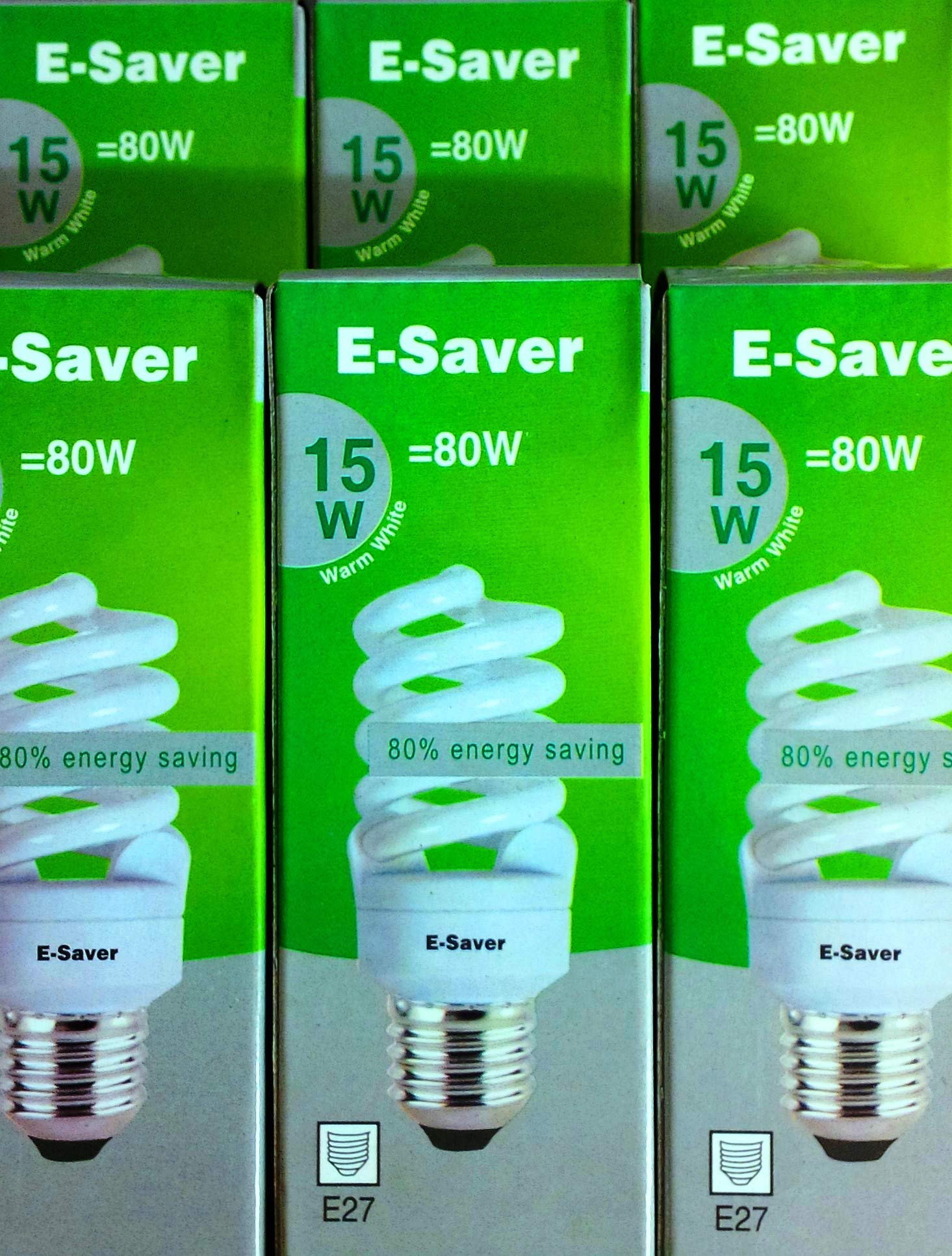 E-Saver - CFL Full Spiral - Energy Saving Light Bulbs -15w = 80 Watt - (Pack of 6) - Warm White 2700k - Screw in Cap - Screw Edison (ES - E27 Bulb)