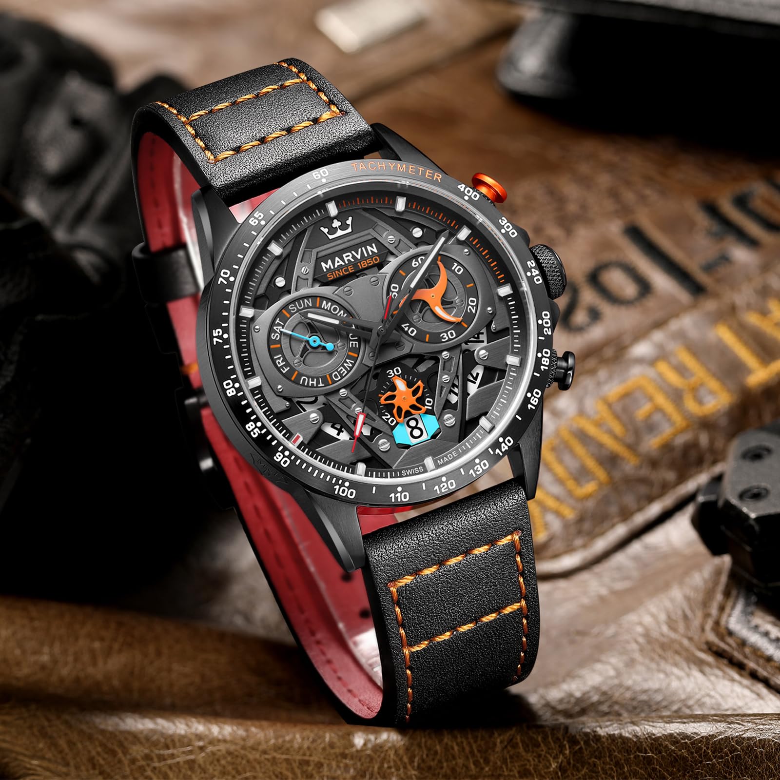 marvin Chronograph Watches for Men Swiss Mens Watch Luxury Men's Wrist Watches with Leather Strap and Weekday,Hour,Date Dial,Quartz Movement,Stainless Steel Case, Luminous,50M Waterproof