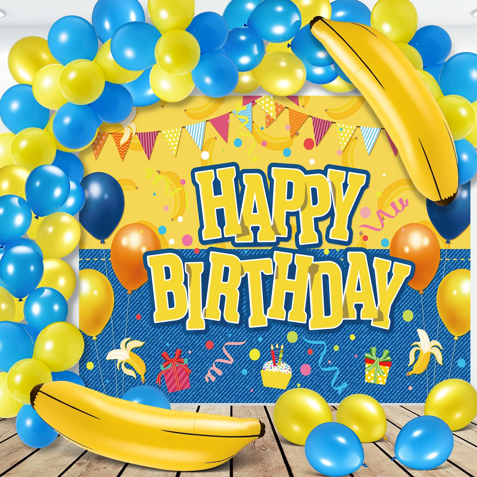 Photo 1 of 103 Pcs Yellow Jeans Birthday Party Decor 84'' x 60'' Big Eyes Banana Cartoon Happy Birthday Backdrop Photo Background with 2 Jumbo Banana Balloons 100 Pcs 13. 3'' Balloons Party Supplies