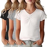 LessonZoo 3 Pack Girls Short Sleeve T Shirt Cotton Ribbed Knit Lettuce Trim Cinched V Neck Tops 5-14 Years Casual Basic Tee
