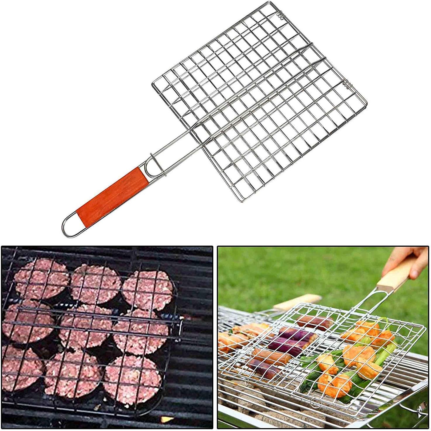 HOMIZE Chromium Plated Portable Barbecue BBQ Grill Net Basket with Long Wooden Handle (Medium Square)