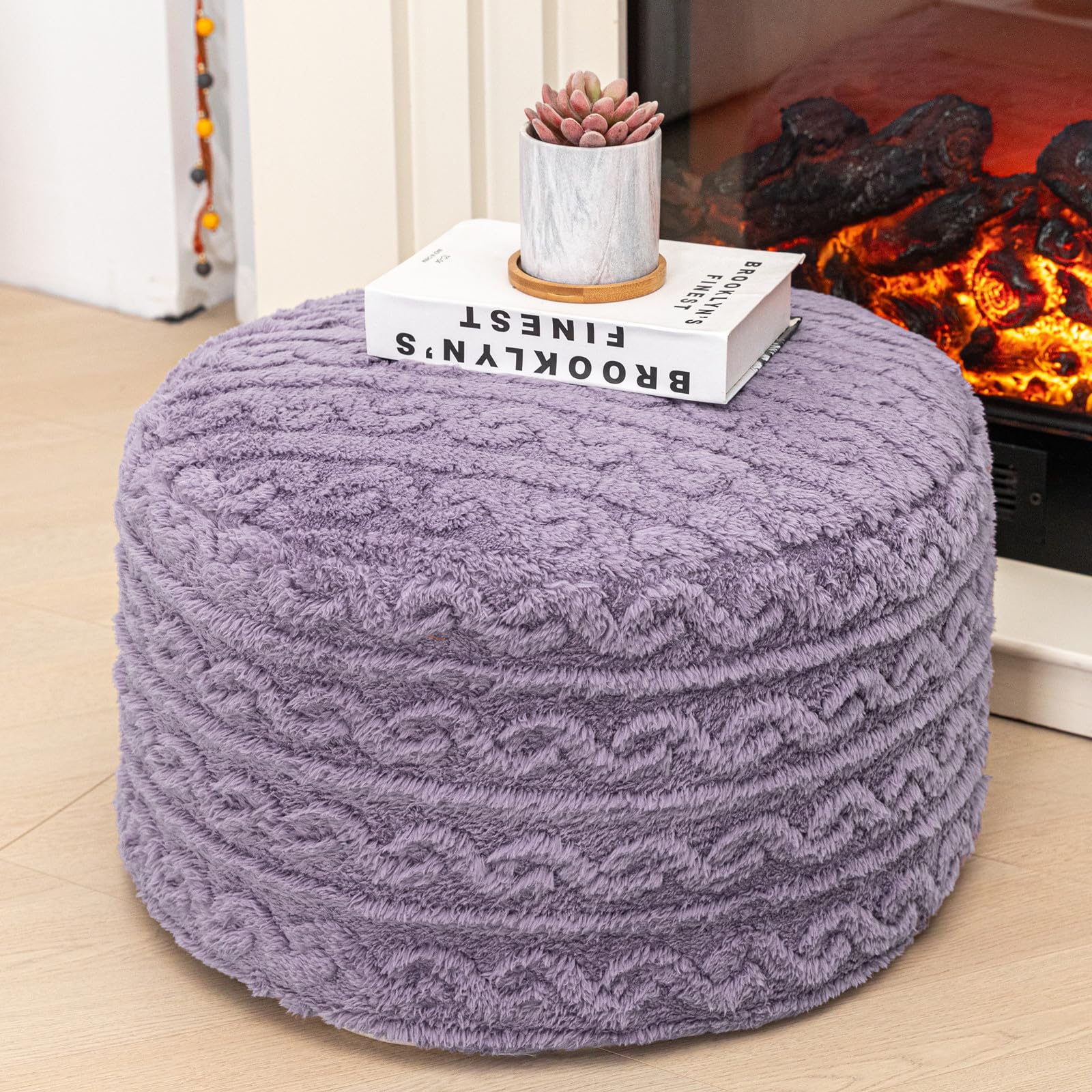 Photo 1 of Beawelkomjo Pouf Ottoman Stuffed 20x20x12 Inches Floor Pouf Plush Fiber Ottoman Foot Rest Under Desk Foot Stool for Living Room Bedroom (Purple Pouf with Filler)