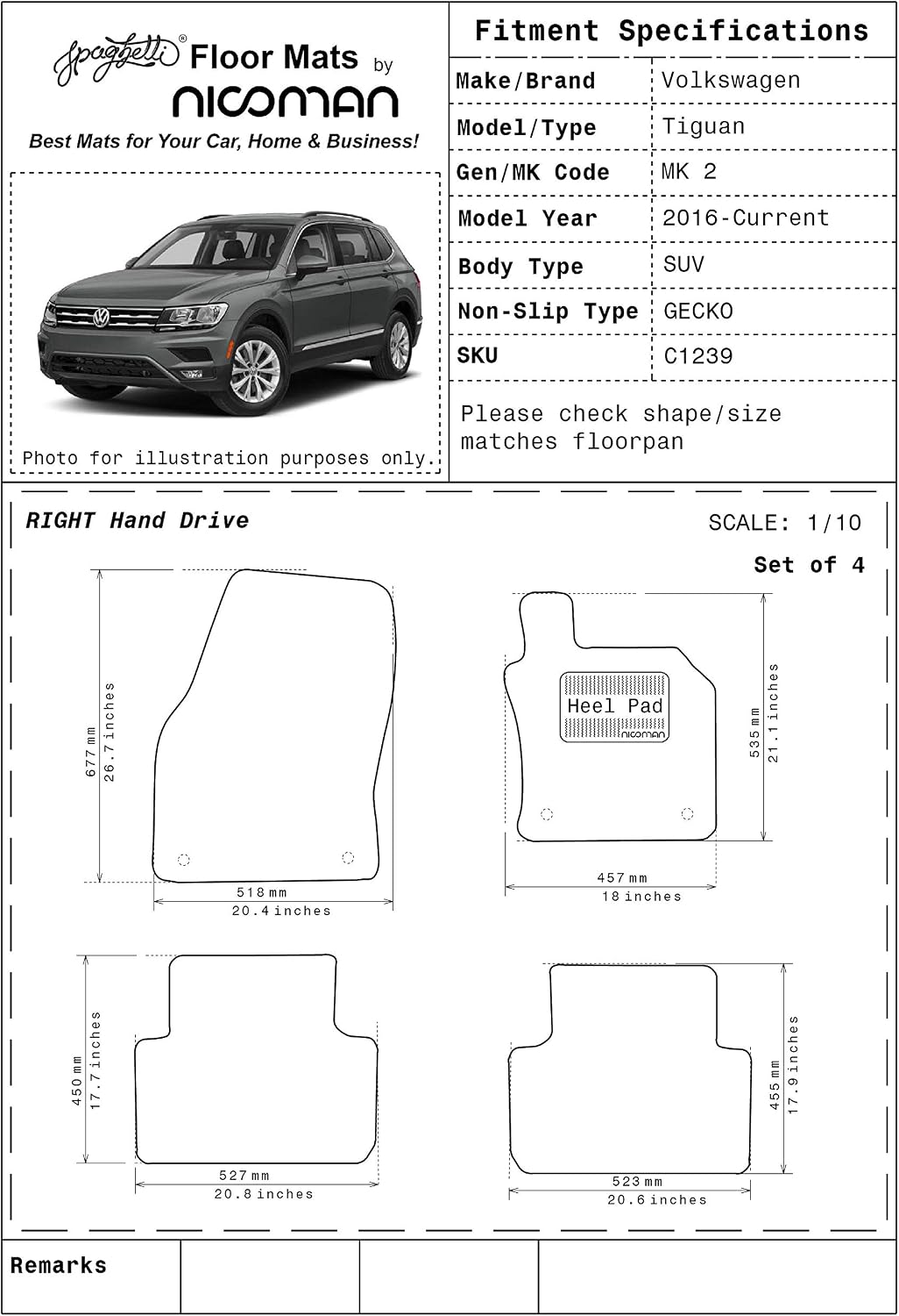 Nicoman Spaghetti All-Weather Fully Tailored Car mats Fit2016-2019 Tiguan MK2 SUV(Full Set 4-Piece,Black) - Image 3