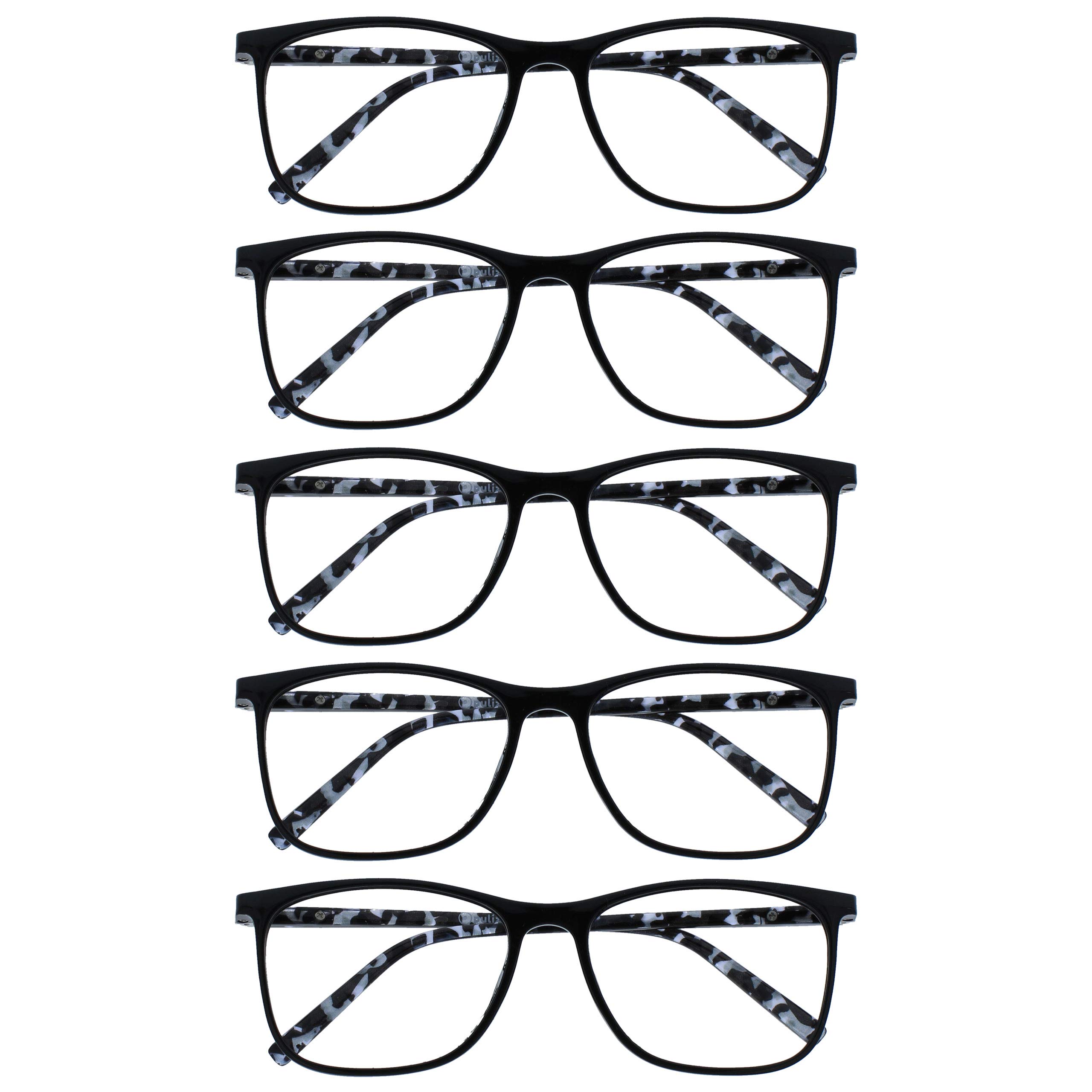 OPULIZE Arc Reading Glasses 5 Pack Stylish Slim Square Frame Spring Hinges Scratch Resistant Black Patterned Arms Mens Womens RRRRR66-1 +3.50