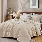 King Quilt Set with Shams Lightweight Quilted Bedspread Coverlet Thin Comforter Bed Cover Vintage Washed Quilted Blanket for All Season, Brushed Microfiber Diamond Stitching, Beige, 104"x92"