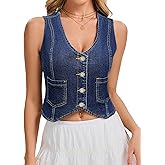 Genhoo Denim Vest Sleeveless Jean Vest Top for Women V Neck Button Down Cropped Denim Top with Pockets