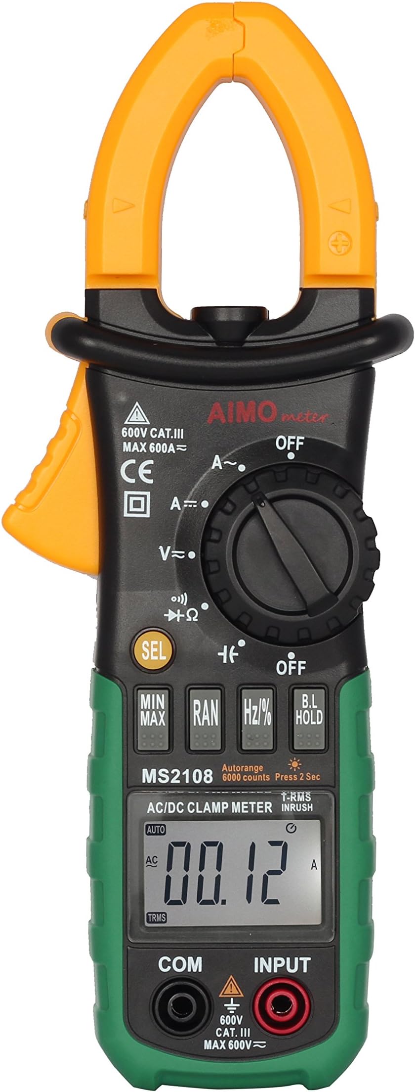 AimoTek MS2108 True-RMS AC/DC Digital Clamp Meter with Inrush Current Measurement 600A