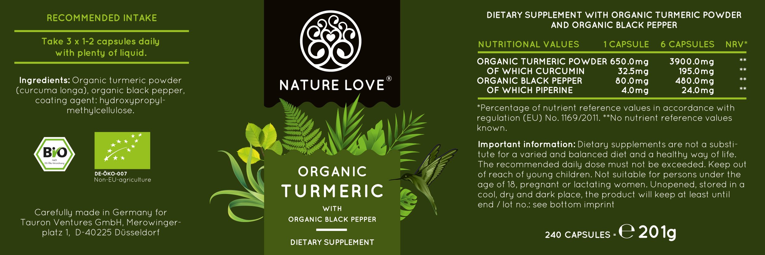 Organic Turmeric Capsules with Curcumin & Black Pepper 3900 mg per daily dose. 240 vegan curcuma capsules. Laboratory tested & certified organic quality. Without magnesium stearate. High strength, vegan, made in Germany