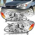 TUSDAR Headlight Assembly Replacement for Toyota Corolla 2003 2004 2005 2006 2007 2008 Headlamps Replacement Passenger and Driver Side, Chrome Housing with Amber Reflector