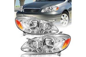 TUSDAR Headlight Assembly Replacement for Toyota Corolla 2003 2004 2005 2006 2007 2008 Headlamps Replacement Passenger and Driver Side, Chrome Housing with Amber Reflector