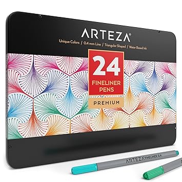 ARTEZA Fineliner Stifte | Set mit 24 Feinen Filzstiften | Dünne 0.4mm Spitze | Robuste Metallbox | Ideal zum Skizzieren und Z