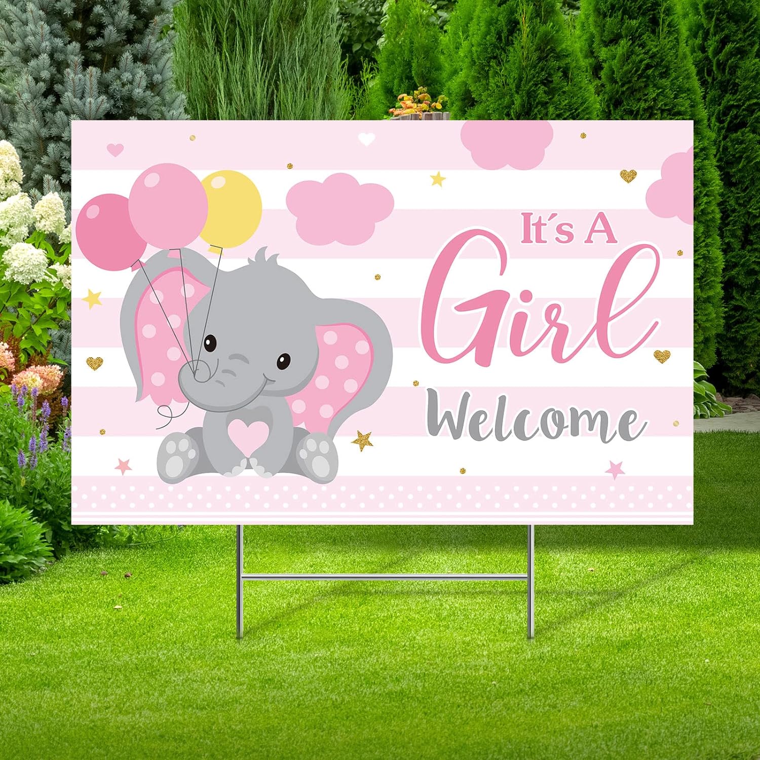 Yard Signs - Capoda Baby Shower Yard Sign with Stake Gender Reveal Yard Sign Blue Pink Elephant Lawn Sign Gender Reveal Lawn Sign Welcome Baby Announcement Sign for Outdoor Baby Shower Decorations (It's Girl)