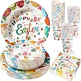 GINOYA 200PCS Easter Paper Plates and Napkins Set, Bunny & Egg Theme, 9" Dinner Plates, 7" Dessert Plates, 9oz Cups and Napkins, Heavy Duty Disposable Tableware for Easter Party Supplies, Serves 50