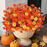 Artificial Fall Flowers for Outdoors, 10 Bundles Fake Faux Fall Flowers UV Resistant Fall Decor Plants for Home Porch Garden Patio Decoration (Dark Orange&Yellow)