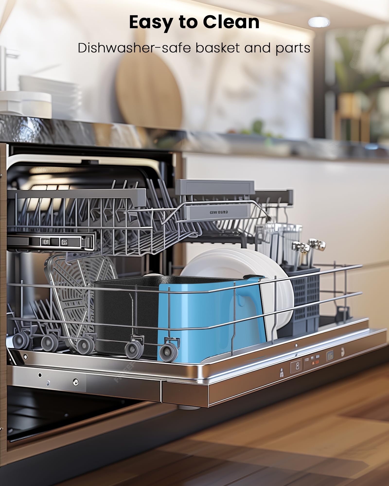 Freidora de aire Nuwave Brio Plus de 8 cuartos, nueva y mejorada, SIN PFAS, 7 funciones digitales de cocción con un solo toque que FREÍR, HORNEAR, ASAR, DESHIDRATAR, TOSTAR, RECALENTAR, PRECALENTAR, 150 ajustes preestablecidos, 50 °F ~ 400 °F (azul acogedor)