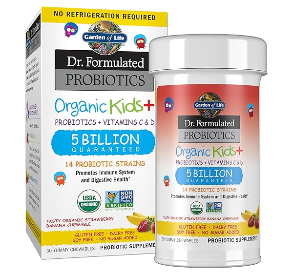 GARDEN OF LIFE KIDS PROBIOTICS, DR. FORMULATED PROBIOTICS ORGANIC KIDS+ VITAMIN C & D, STRAWBERRY BANANA, GLUTEN DAIRY & SOY FREE IMMUNE & DIGESTIVE HEALTH SUPPLEMENT, 30 CHEWABLES (SHELF STABLE)