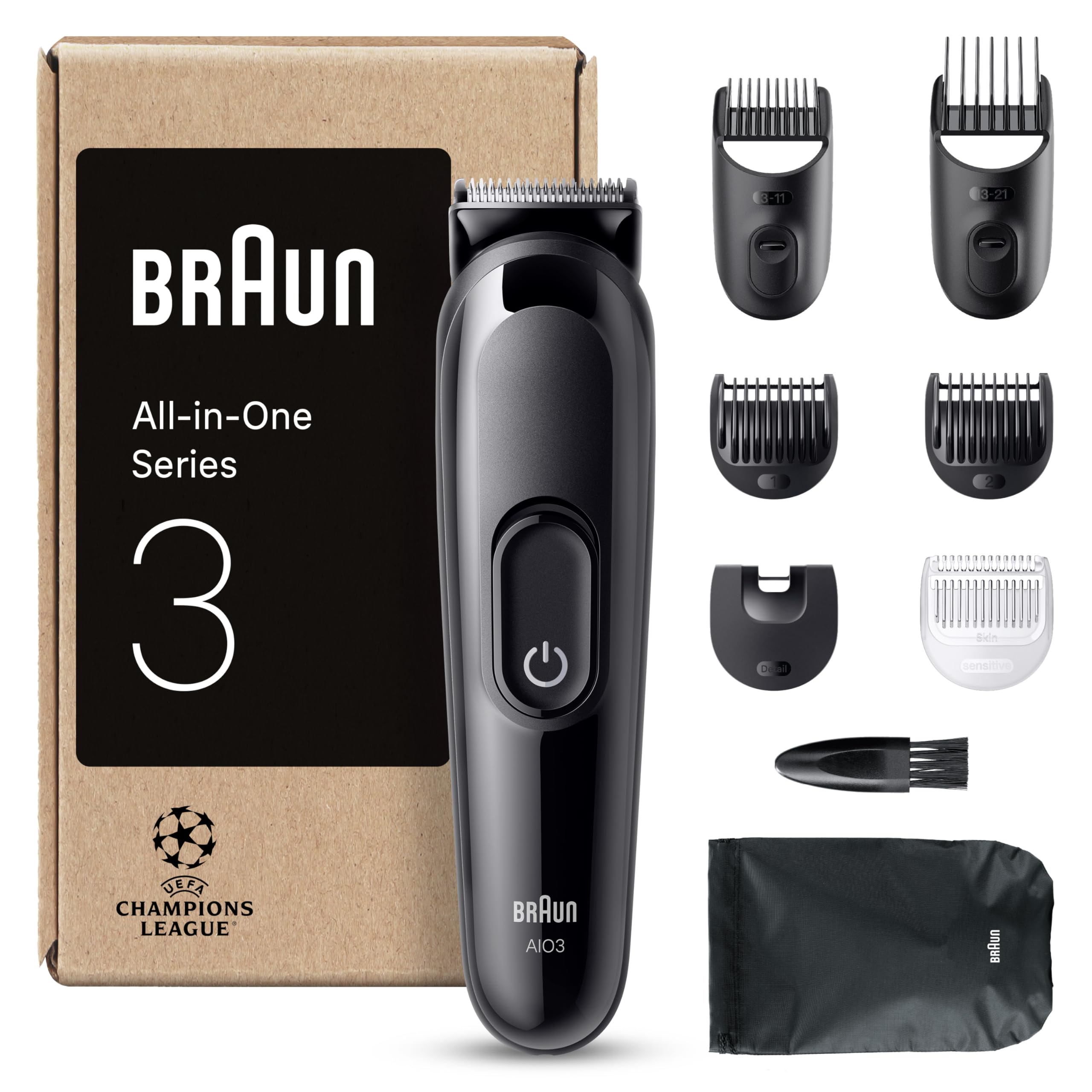 Braun All-in-One Series 3, 8-in-1 Multigroom, Barttrimmer, Nasenhaartrimmer, Haarschneider, Haarschneidemaschine für Gesicht und Kopf, 50 Min Akku, 14 Längen (3–21 mm), Wasserdicht, AIO3545, Schwarz