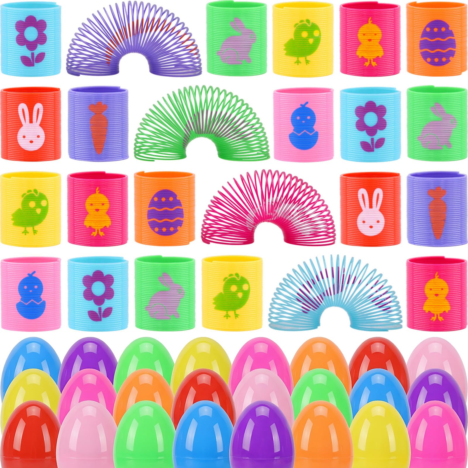 Howzcci 24 Pcs Easter Mini Coil Springs Toys Magic Spring Toys with 24 Pcs Plastic Easter Eggs for Kids Boys Girls Easter Basket Stuffers Easter Egg Hunt Party Favor Gifts
