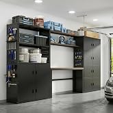 FLEXIMOUNTS Garage Storage Cabinet System with Workbench &amp; Pegboard, White | 117"W, 6-Door Enclosed Heavy Duty Steel, All-in-One Garage Cabinet Set, Tool Organization System, 24-gauge steel