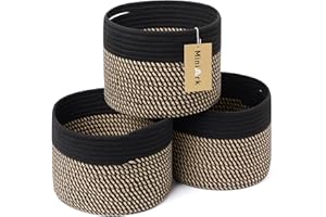 MiniArk Small Basket for Organizing | Cube Shelf Closet Storage Baskets | 9.7×9.7×7.1” | Woven Rope Gift Basket | Nursery | Round 3 Packs Black Brown