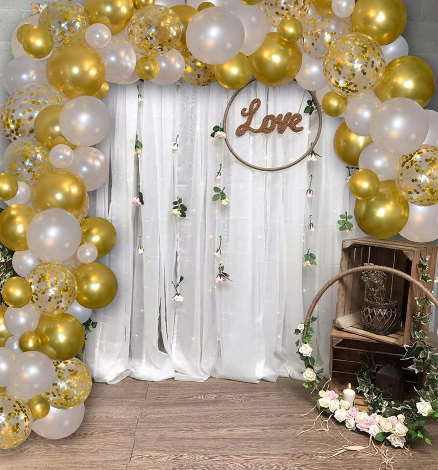 Famzigo DIY Arch Balloon Garland Kit 16.5 FT, White & Gold Durable Boho Balloon