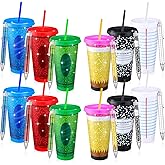Skylety 12 Set Valentines Day Teacher Appreciation Gift Bulk Include 24oz Reusable Pen Plastic Coffee Cup with Lid Straw Teacher Employee Thank You Gift with Glitter Pen (Cute,Multicolor)
