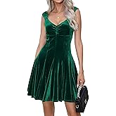 Umimore Women's Velvet Mini Dress 2025 Fall Winter V-Neck Sleeveless Backless Ruched Fitted A Line Swing Cocktail Party Dress