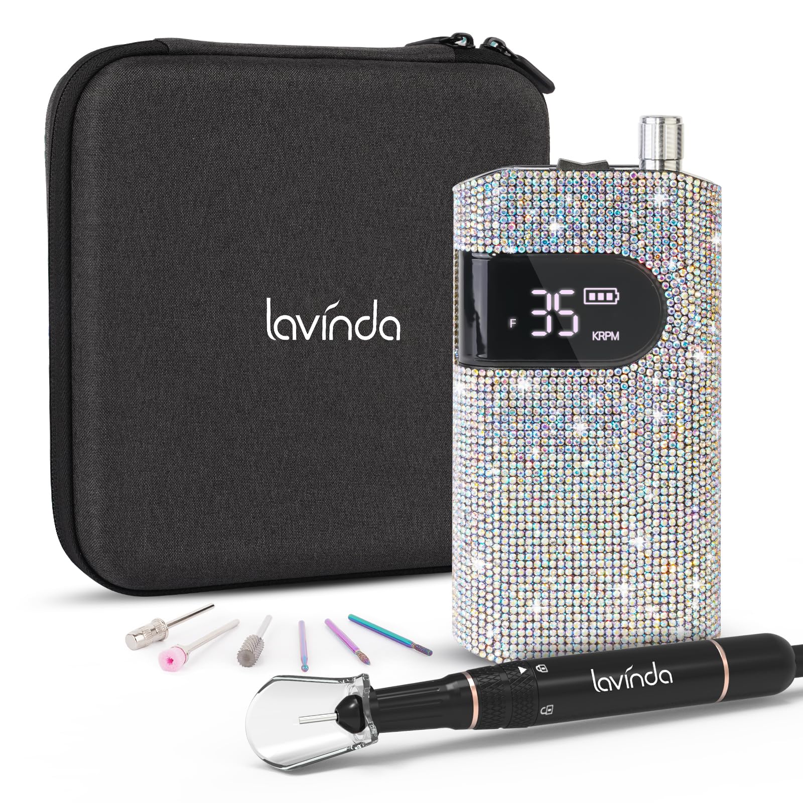 Photo 1 of Professional Rechargeable Nail Drill Machine, Lavinda Diamond 35000RPM Electric Nail File Cordless Portable Nail Drill with Coreless Motor for Acrylic Nails, Manicure Pedicure Tool, Crystal Diamond