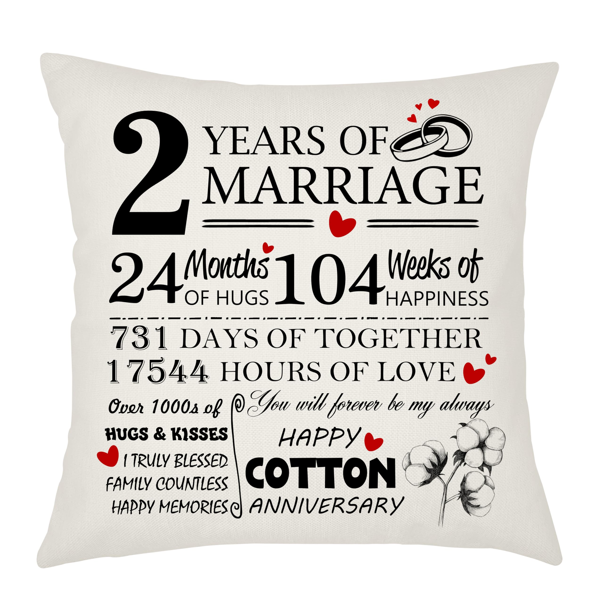 2nd Anniversary Cushion Cover Gift for Wife Husband Pillow Case 2nd Weddding Anniversary Keepsake Present 2 Years of Marriage Gift Cotton anniversary Cushion Cover 45x45cm (2 Years of Marriage)