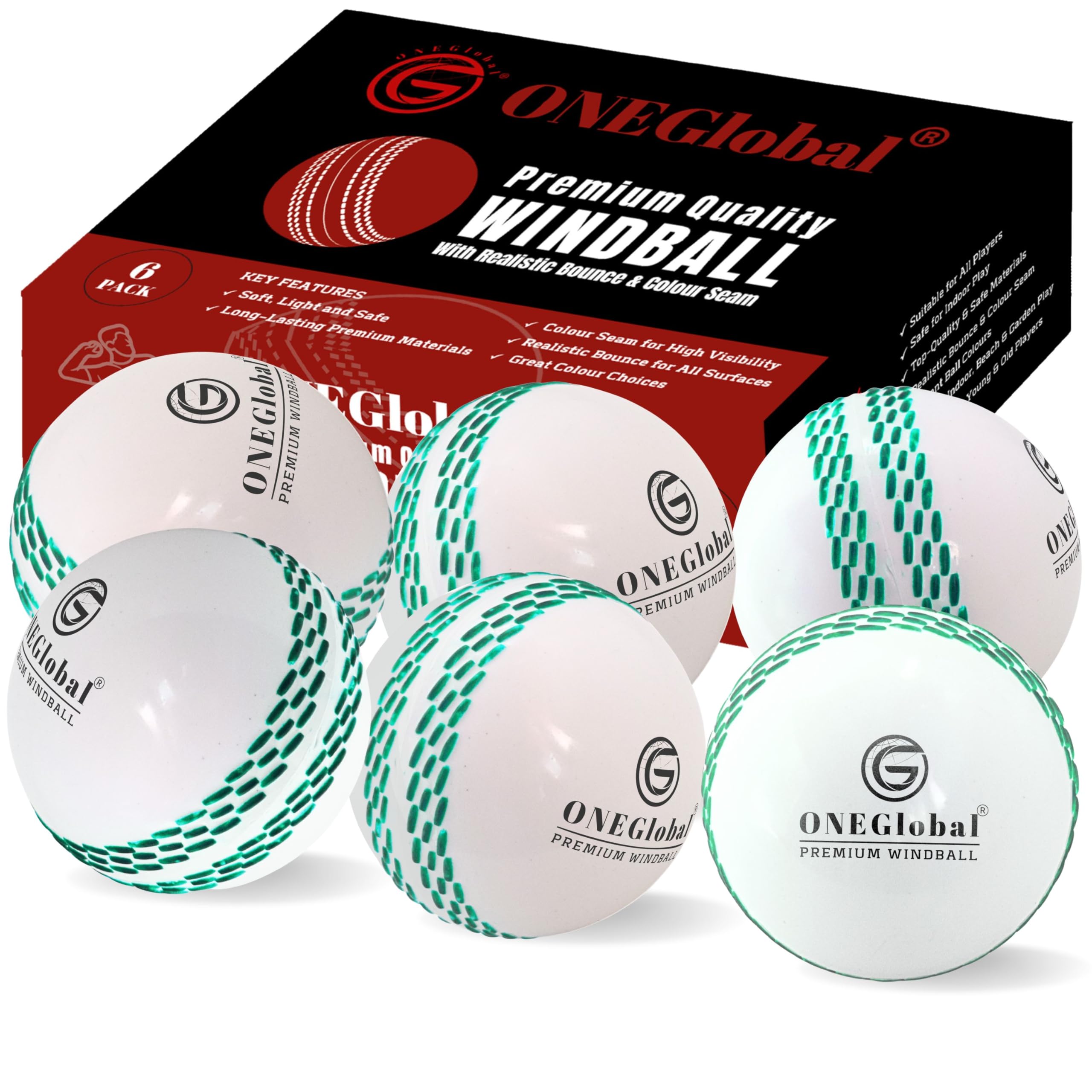 ONEGlobal Premium Windball Soft Cricket Ball | Durable & Safe, Colour Seam, True Bounce & Swing | Wind Ball for Outdoor & Indoor Practice, Coaching, Garden & Beach Games (6-White)