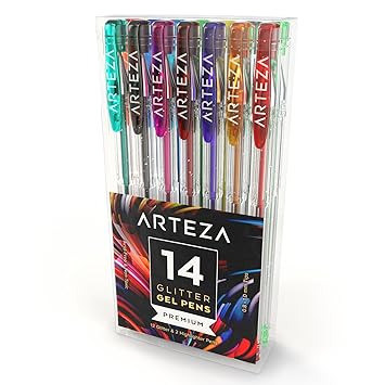 ARTEZA Glitter Gelstifte | 14 Gelroller in Verschiedenen Farben | Hochwertige Gelschreiber mit 0.8-1.0 mm Stiftspitze | Ideal