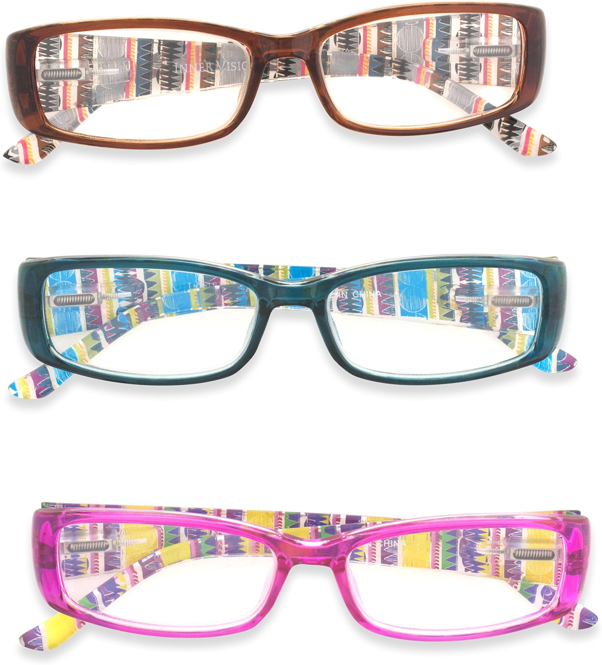 Inner Vision Women's 3-Pack Printed Stripe Reading Glasses Set w/Spring Hinges - (3.0 x Magnification) - Purple, Blue, & Brown