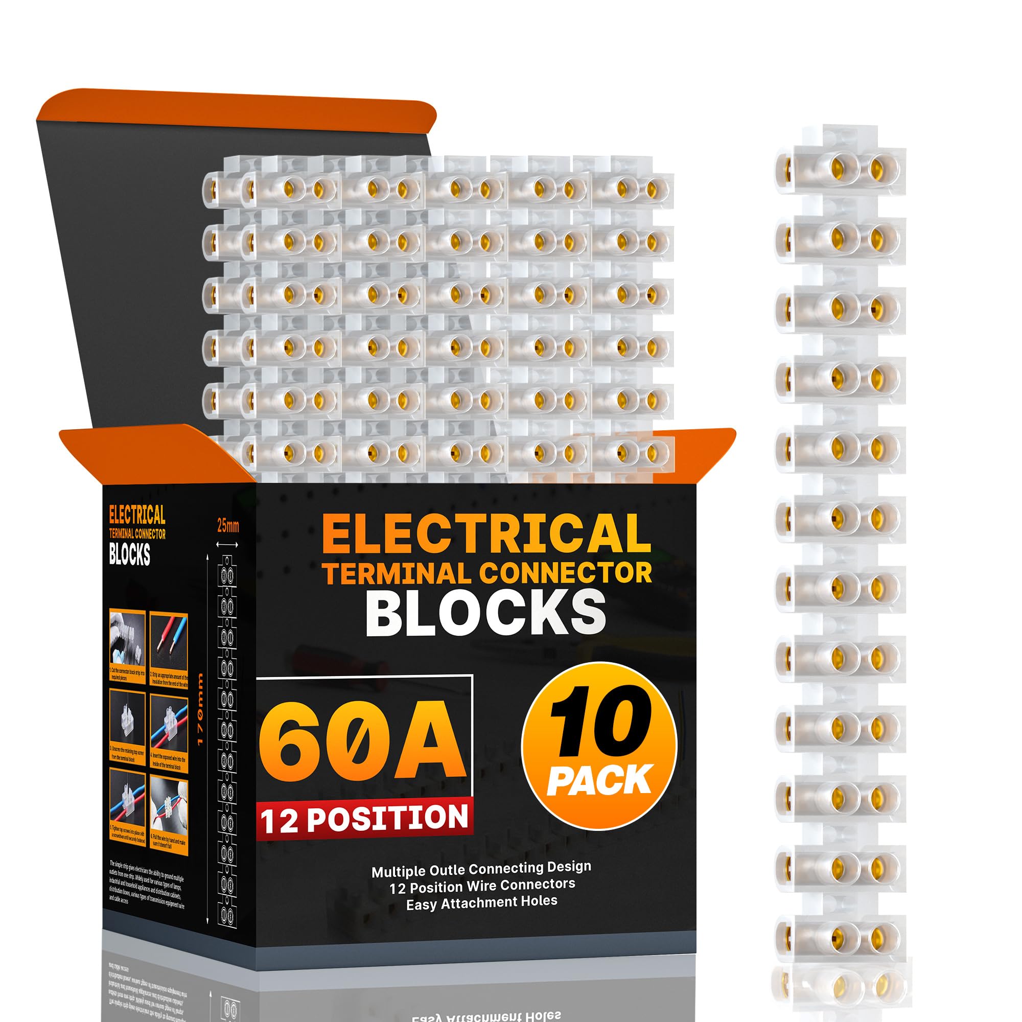 LEDSone Electrical Terminal Connectors Blocks Kit 60A 12 Way White Terminals Choc Block Electric Wire Connectors Strips 60 Amp Connecting Block for Wiring Cable