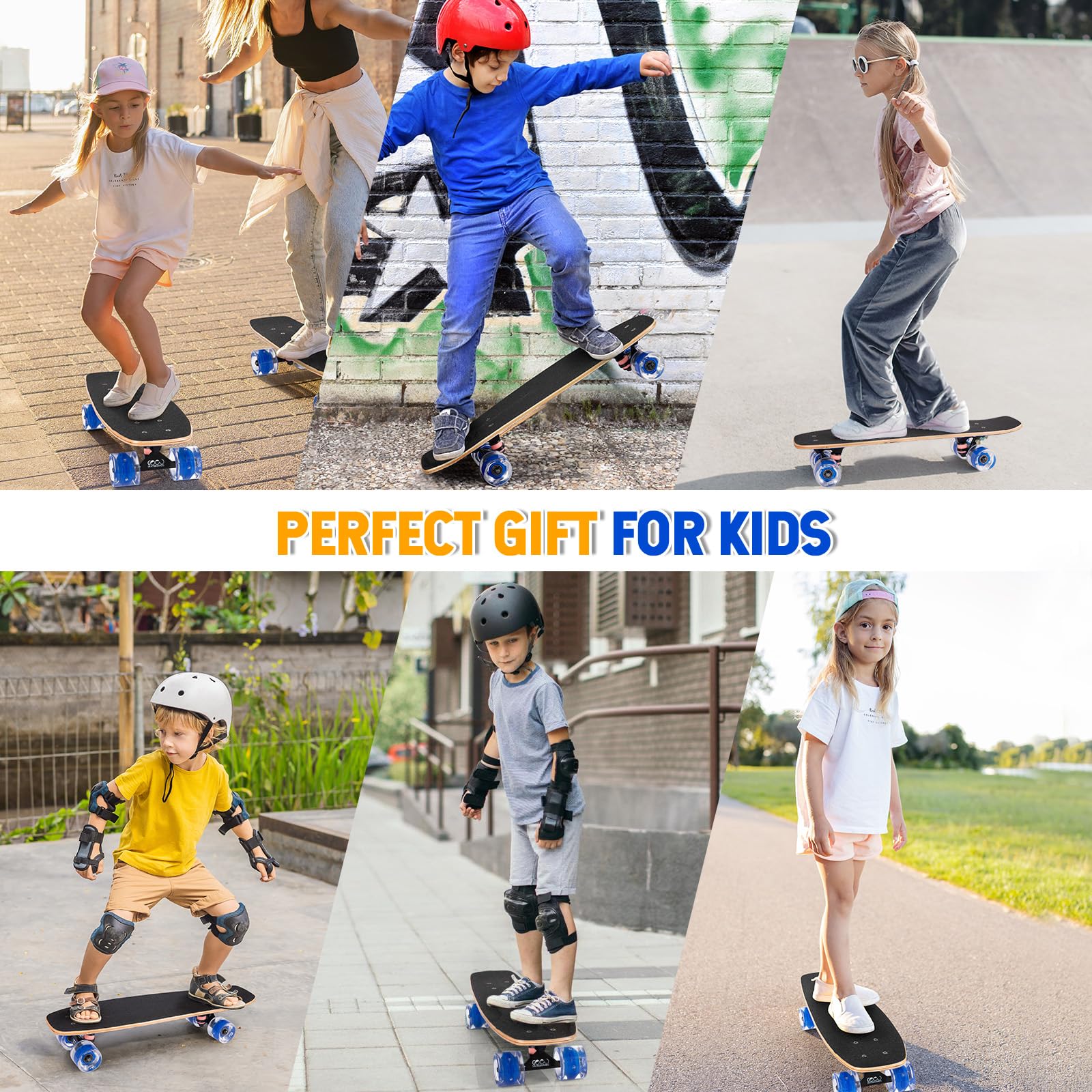 GIEEU Skateboards with Colorful Flashing Wheels for Beginners,Kids,Teens,Adults, Complete Standard Skate Boards 9 Layer Canadian Maple Deck Concave Skateboard