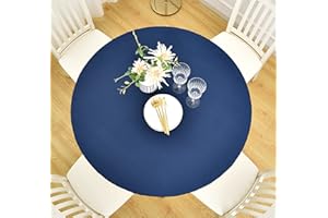 Rally Home Goods Indoor Outdoor Patio Round Fitted Vinyl Tablecloth, Flannel Backing, Elastic Edge, Waterproof Wipeable Plastic Cover in Solid Blue Color for 6-Seat Table of 43-56’’ Diameter