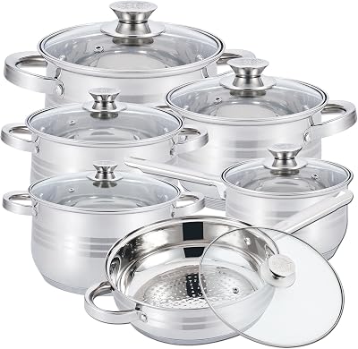 Batterie de cuisine - lot de casserole induction - set casserole et poele tous feux - Batterie de Cuisine 12 Pièces en Acier Inoxydable HG1241