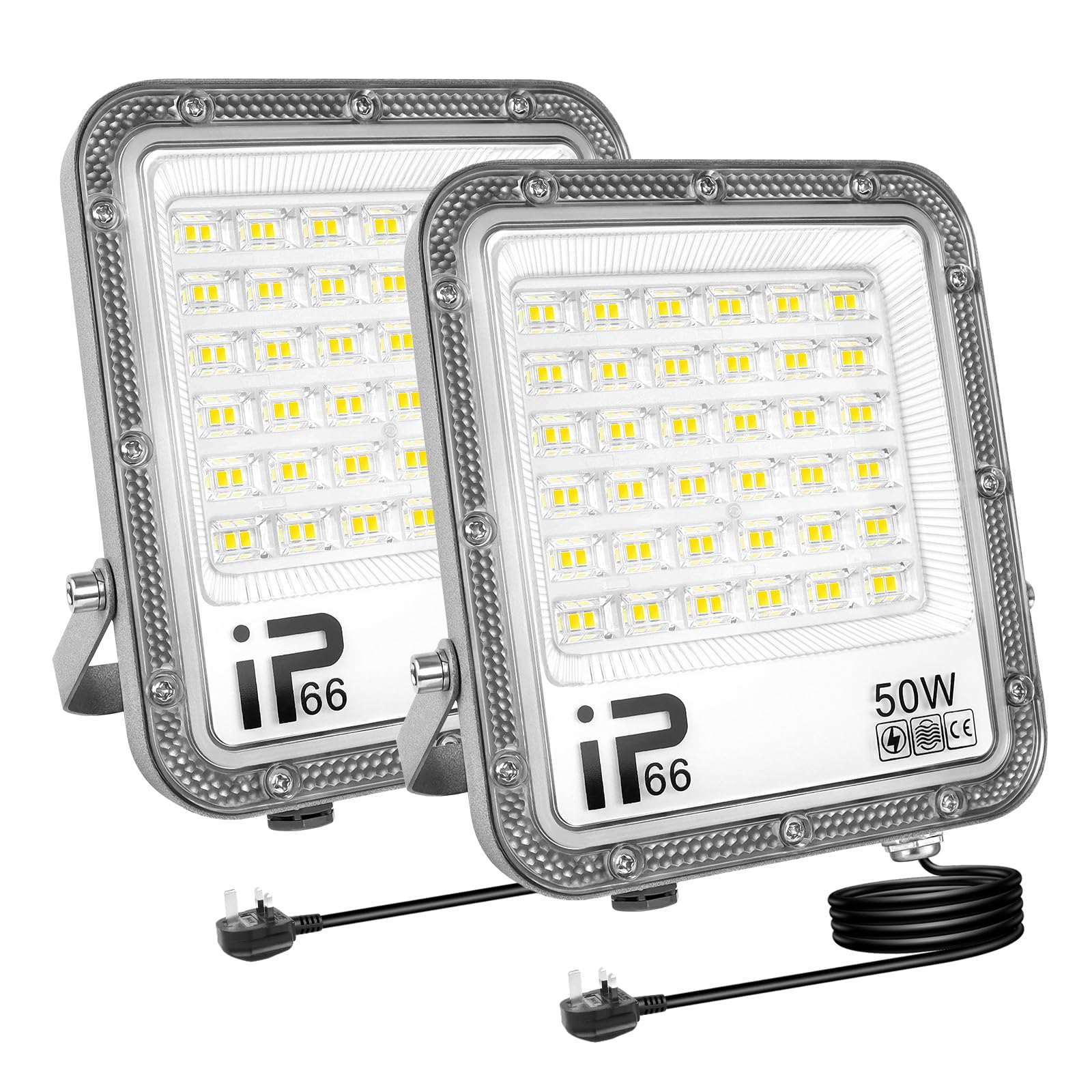 RIGIDON 2Pcs 50W LED Flood Light Outdoor with 1M Plug, 5000LM Super Bright Outdoor Lights 6000K Daylight White IP66 Waterproof Security Lights for Garden, Garage, Yard, Sports Ground, Patio, Porch
