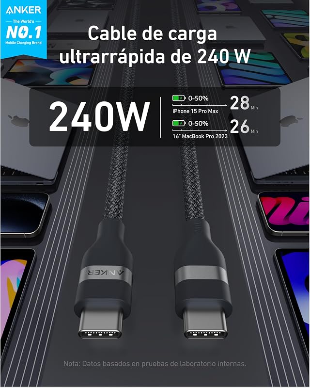 Cabo USB C para USB C 240 W, entrançado reciclado, 0,9 m