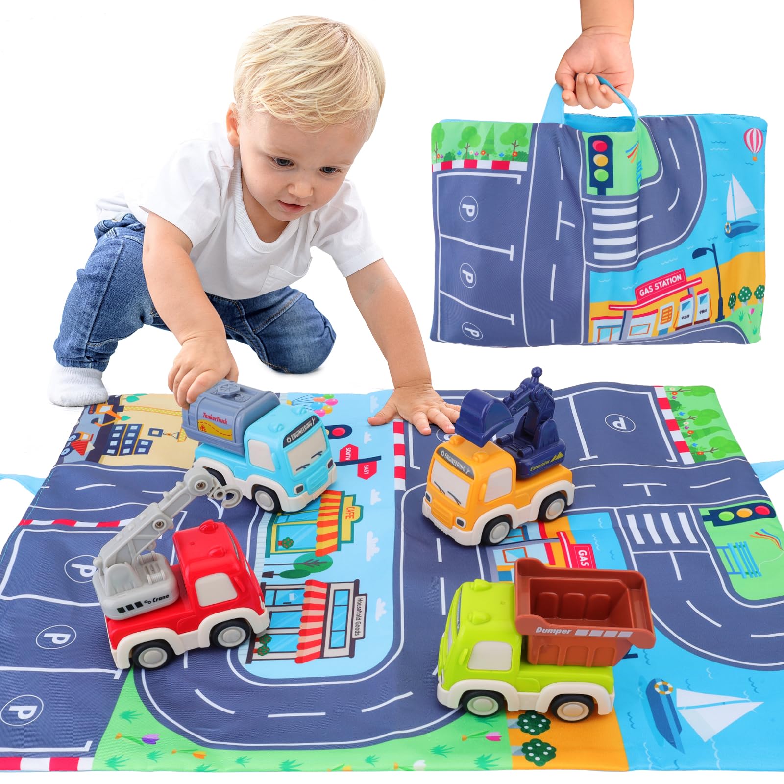 Photo 1 of YELUFT Toy Cars for Toddlers, Construction Trucks Toys with Playmat Storage Bag Include Excavator, Crane, Dump Truck, Tankertruck Toys, Pull Back Cars for Kid Boy Baby Birthday
