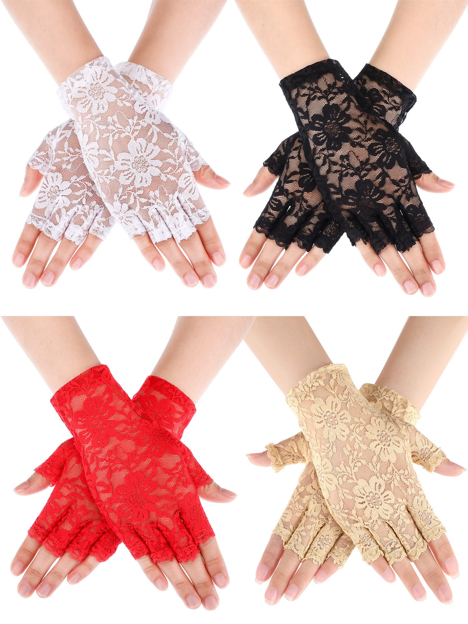 Geyoga 4 Pairs Short Lace Fingerless Gloves Women Floral Lace Gloves Ladies Bridal Prom Gloves for Halloween Cosplay Fancy Dress Wedding Tea Party Costume, Multicolor