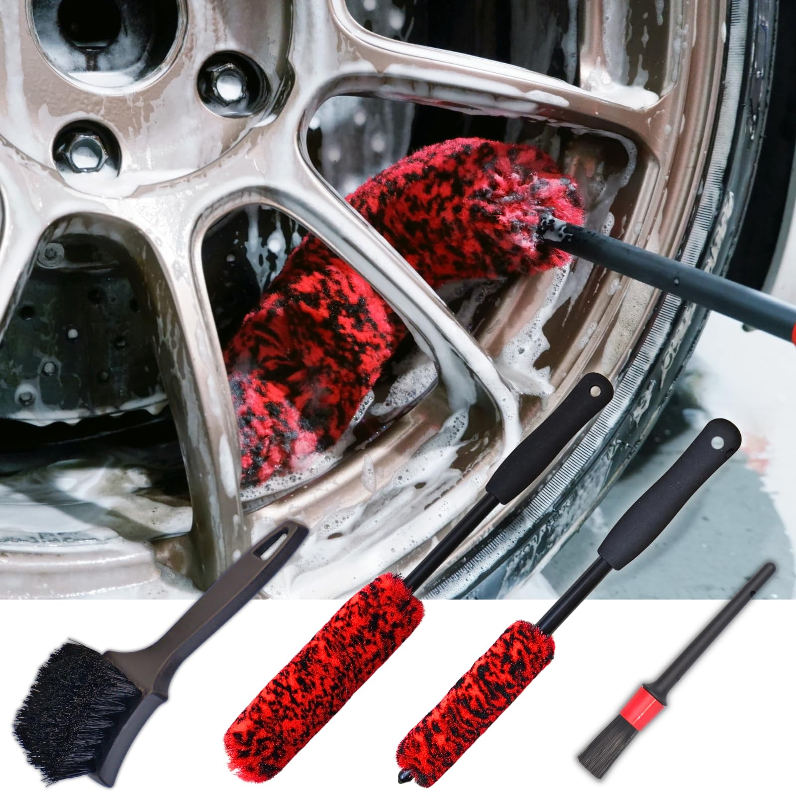 Photo 1 of Wheel Brushes for Cleaning Wheels (4 Pro Pack)- 2X Soft Wheel Cleaning Woolies Brush, Detailing Brush and Stiff Tire Brush, Scratch Free Durable Car Wheel Rim Brush Kit for Car Rim and Tire Detailing