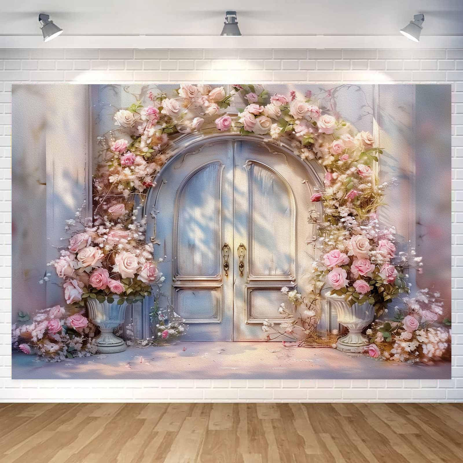 Photo 1 of 10X8ft Pink Floral Photography Backdrop, Retro Oil Painting Flowers Photography Backdrop Dreamlike Wedding Portrait Photo Background Wedding Birthday Party Background Banner Decor