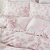 Brandream French Country Toile Duvet Cover Set Full Size for Girls Bedroom Vintage Pink Toile Floral Print 100% Cotton Delicate Ruffle Fringe Soft and Breathable, 3 Pieces Bedding with Zipper Closure