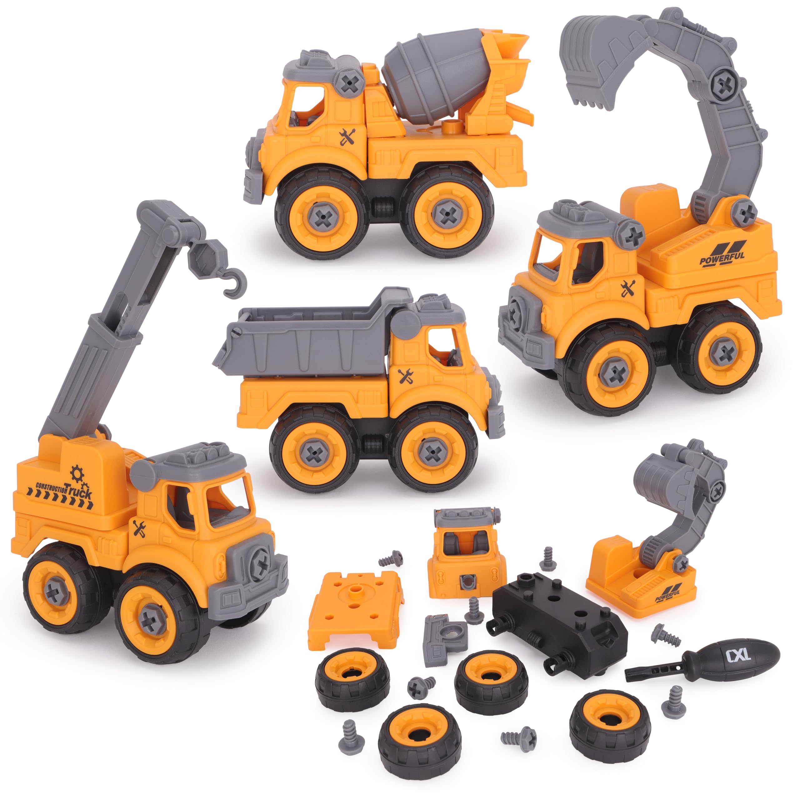 Toyland® Set of 4-11cm (4.3") DIY Construction Vehicles & Screwdriver - Assemble & Build Your Own Trucks - Toy Vehicles