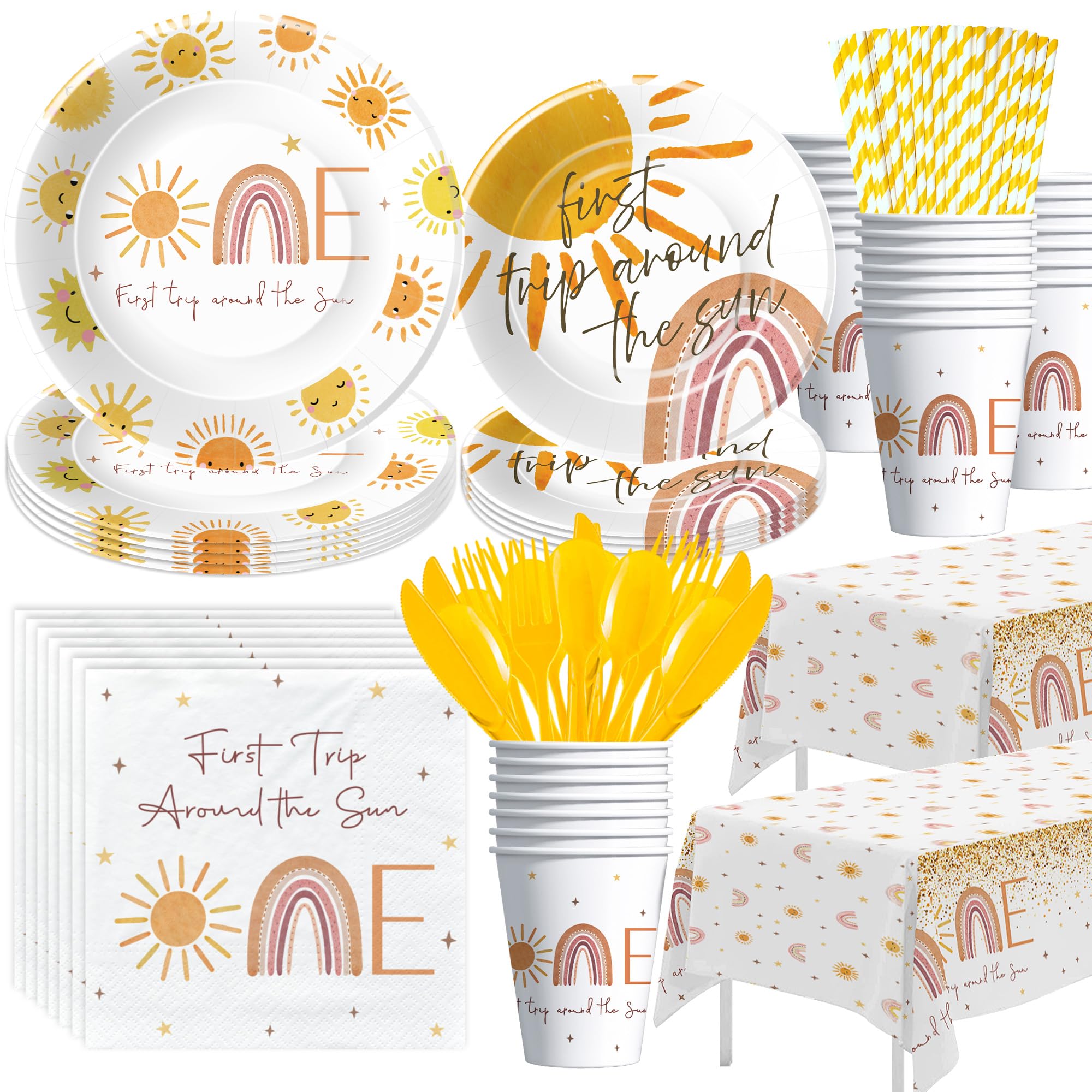 Photo 1 of ****SIMILAR ITEM****Xigejob First Trip Around The Sun Birthday Decorations Tableware - Boho Sunshine Sun 1st Birthday Party Supplies, Paper Plate, Cup, Napkin, Tablecloth, Disposable Cutlery | Serves 24
