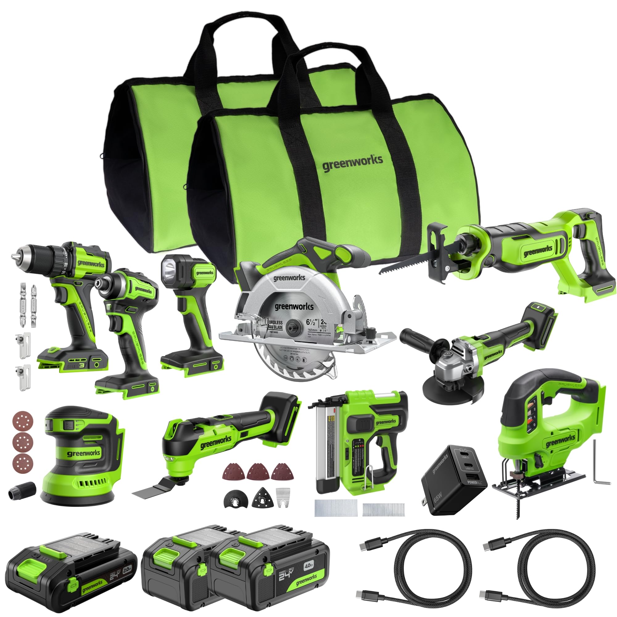 Photo 1 of Greenworks 24V Brushless 10PC Power Tool Combo, Drill+Impact Driver+Circular Saw+Recip Saw+Jig Saw+Sander+Light+Multi-Tool+Nailer+Grinder (2) 4.0Ah+2.0Ah Batteries (24,000mAh Power Bank) USB-C Charger